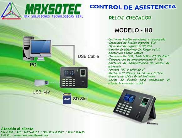 RELOJ CONTROL DE ASISTENCIA TK-100 Y H8/MAXSOTEC en Lima (Lima 1) (Distrito)