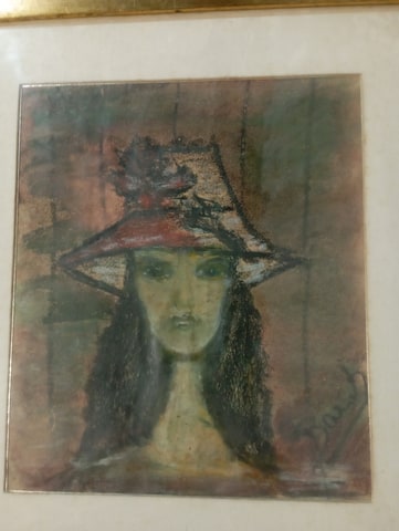 Pastel original enmarcado, retrato de mujer con sombrero en San Gregorio de Polanco (Localidad)