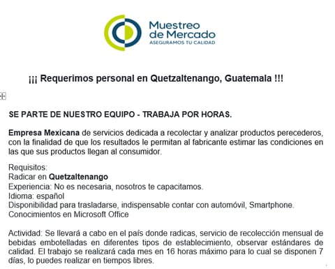 Necesitas un dinero Extra!... Trabaja por horas en Quetzaltenango (Municipio)