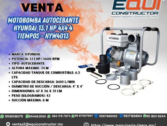 Motobomba Autocebante Hyundai 13.1Hp 4x4 4 Tiempos en Aguascalientes (Municipio)